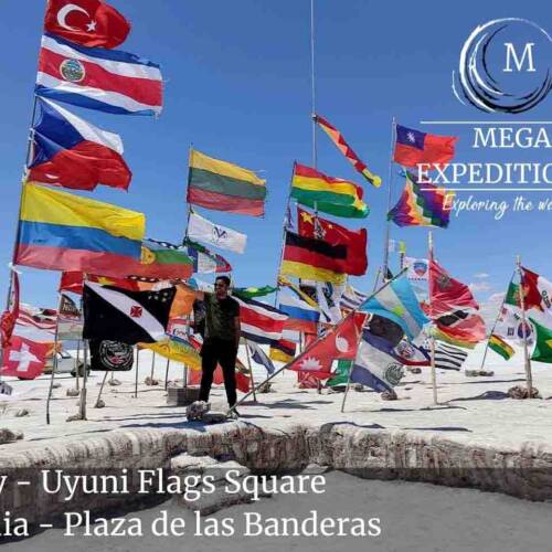First Day - Uyuni Flags Square in the Salt Flat of Bolivia