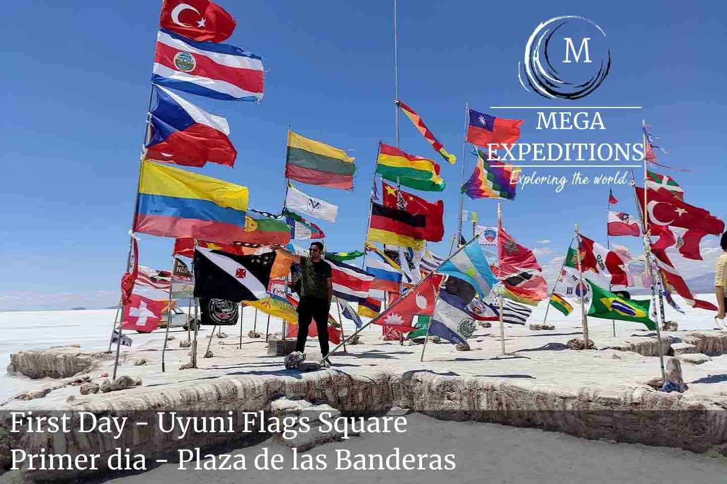 First Day - Uyuni Flags Square in the Salt Flat of Bolivia