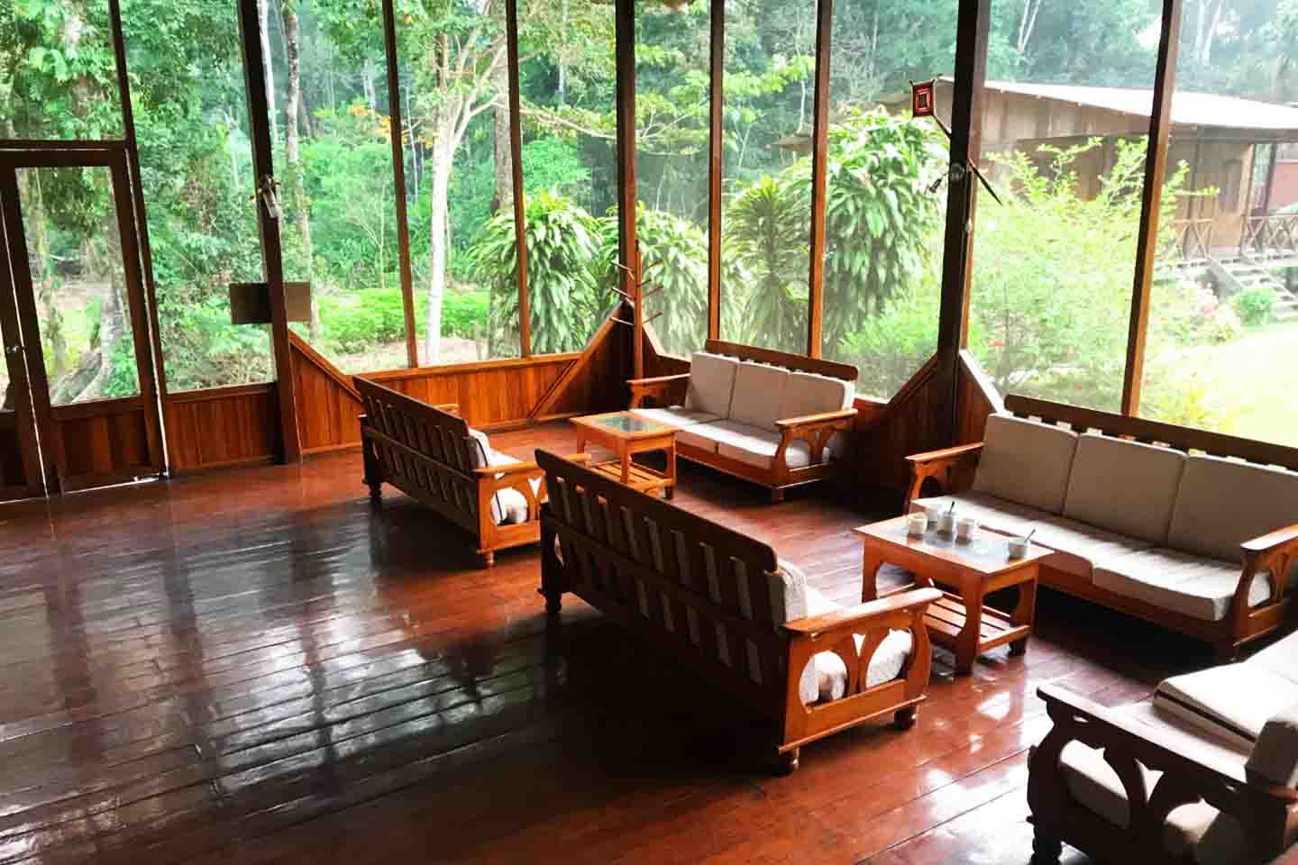 living room in the puerto maldonado lodge in the amazon of peru